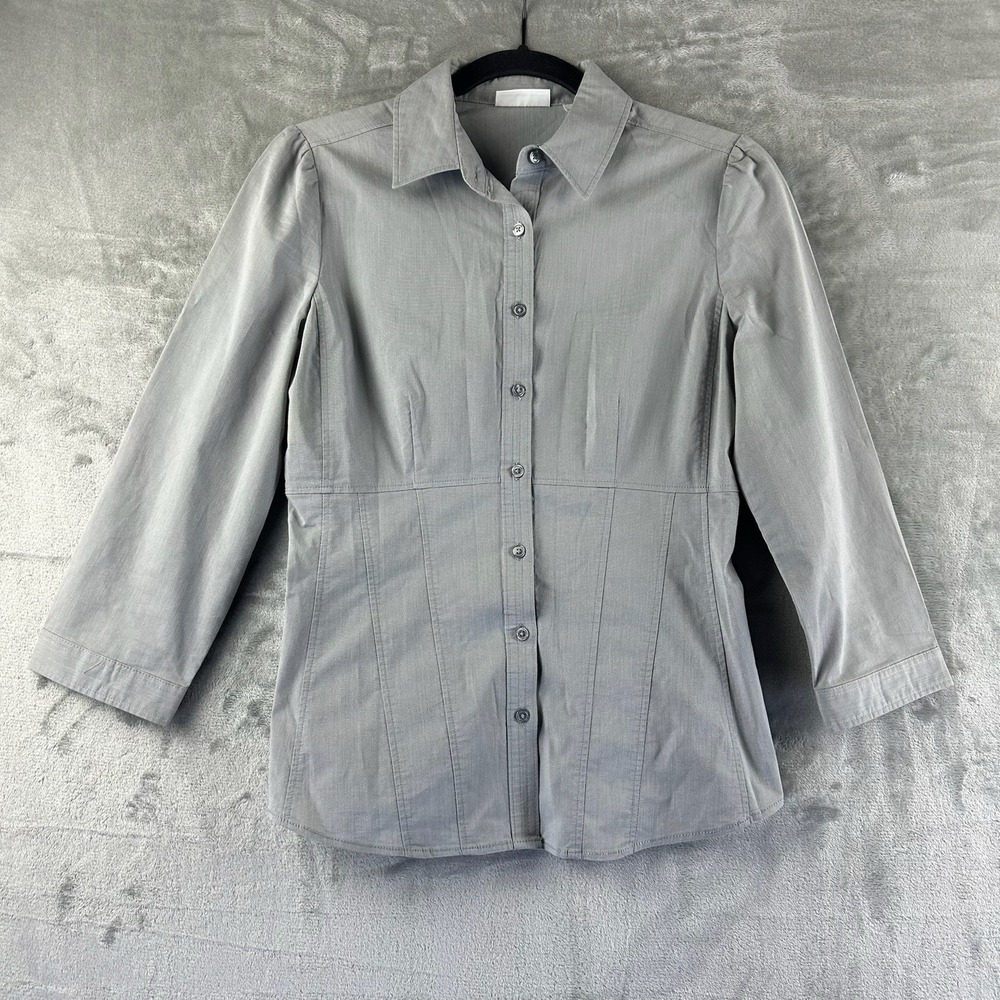 New York & Company Button Up Blouse Women's S Gray Stretch Fitted